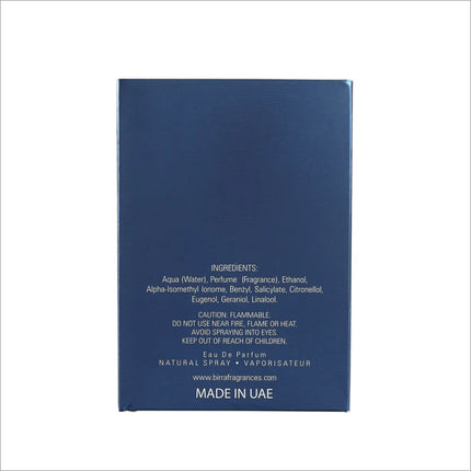 Back of the BIRRA Exuberance Intense perfume packaging displaying ingredients and safety guidelines, emphasizing product transparency and care.