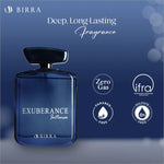 BIRRA Exuberance Intense perfume bottle on a dark blue background featuring symbols for zero gas, paraben-free, and sulfate-free, promoting eco-friendly attributes.