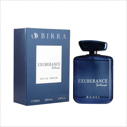 BIRRA Exuberance Intense perfume presented with its packaging, showing the elegant blue box and bottle design, representing the product's quality.