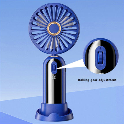 Blue f188 portable usb rechargeable handheld fan with sleek circular blade housing and metallic control panel accent