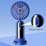 Blue f188 portable usb rechargeable handheld fan with sleek circular blade housing and metallic control panel accent