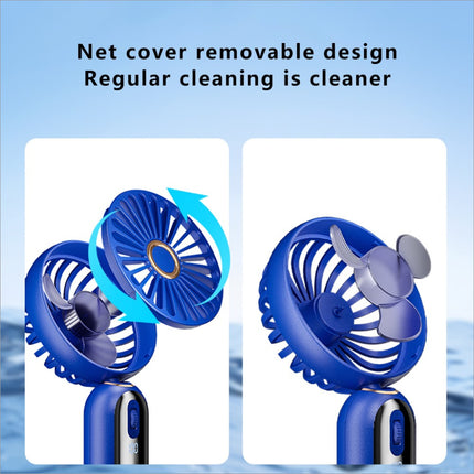 Blue handheld f188 portable usb rechargeable fan with three-blade design and removable net cover offering 100 wind speeds