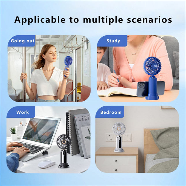 Blue f188 portable usb rechargeable handheld fan with circular blade and stand base offers 100 wind speeds for summer cooling