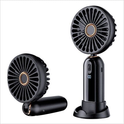 Black handheld f188 portable usb rechargeable fan with gold accents and digital display showing 100 wind speeds