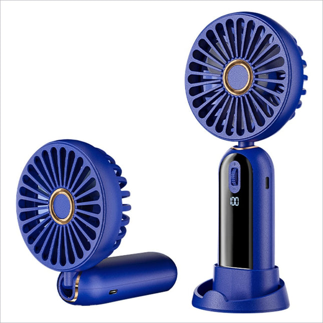 Blue f188 portable usb rechargeable fan with gold grille and digital display offers 100 wind speeds handheld cooling