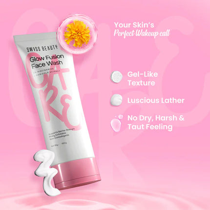 User enjoying the fresh feeling from Care Glow Fusion Face Wash, known for promoting a natural glow.