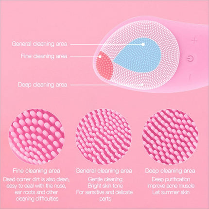Pink and light blue silicone facial cleansing brush with three cleaning zones for deep cleansing and massaging