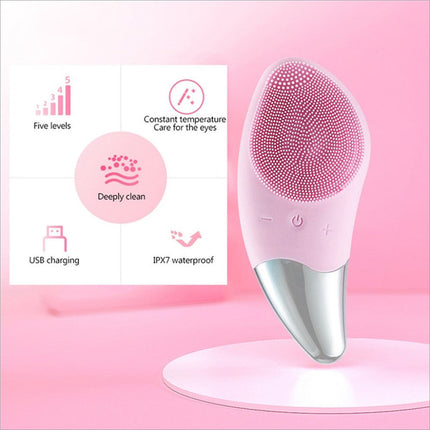 Pink and silver facial cleansing brush silicone beauty massager with soft bristles for deep cleaning and ipx7 waterproof