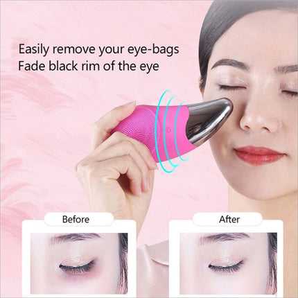 Pink and silver facial cleansing brush silicone beauty massager with textured grip for eye care and deep cleaning