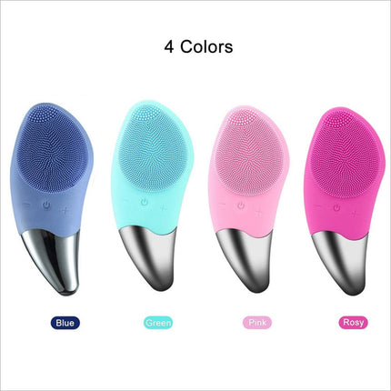 A sleek facial cleansing brush silicone with soft silicone head metallic base in four vibrant colors for deep cleaning