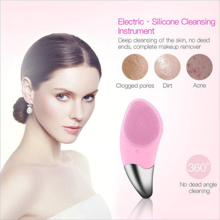Pink silicone facial cleansing brush with metallic silver base electric 5 speed sonic vibrating scrubber waterproof