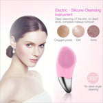Pink silicone facial cleansing brush with metallic silver base electric 5 speed sonic vibrating scrubber waterproof