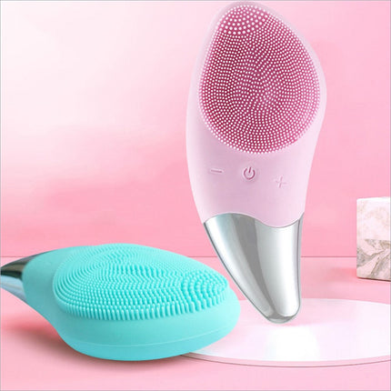 Pink and silver facial cleansing brush silicone beauty massager with soft bristles and 5 speed sonic vibrating scrubber