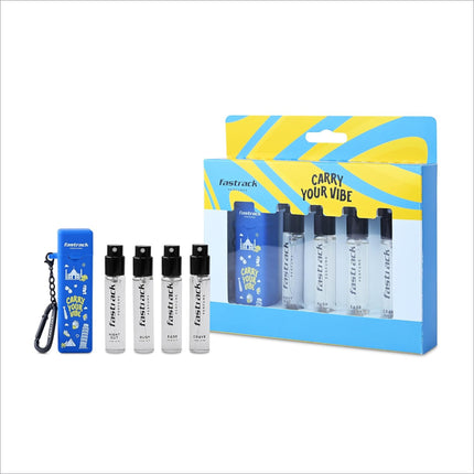 Blue rectangular keychain with carry your vibe print and carabiner clip included with fastrack discovery perfume set for travel gifts