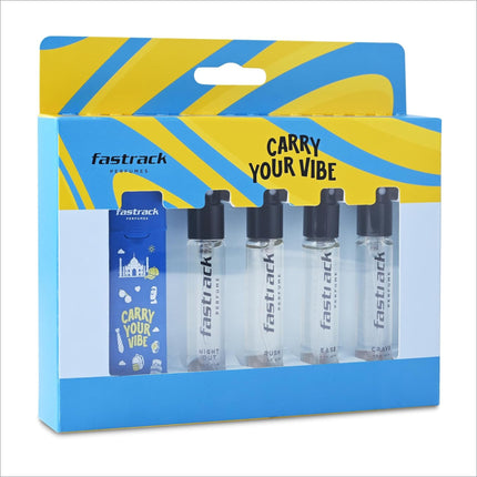 Blue and yellow packaged set of four transparent glass rollerball fastrack discovery perfume bottles for travel and gift