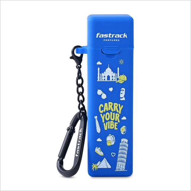 Blue rectangular fastrack discovery perfume travel case with white yellow global landmarks and carry your vibe print