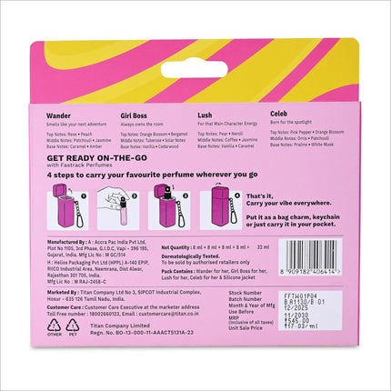 Pink and yellow Fastrack Discovery perfume travel set with 4 premium 8 ml scents fresh and woody for women gift