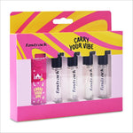 Pink and yellow fastrack discovery perfume travel set with five clear glass vials black caps ideal for women gift