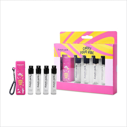 Pink rectangular travel-sized fastrack discovery perfume case with black carabiner clip and carry your vibe branding