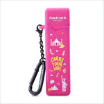 Bright pink fastrack discovery perfume travel case with global landmark graphics and black keychain attachment for gift use