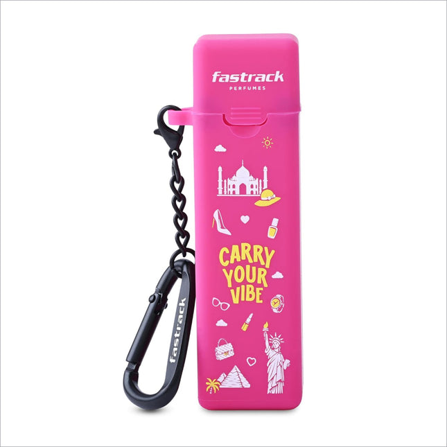 Bright pink fastrack discovery perfume travel case with global landmark graphics and black keychain attachment for gift use