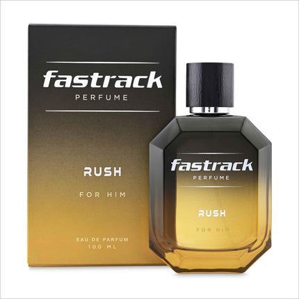 Fastrack Perfume Rush showcasing a stylish bottle and packaging, promoting the woody musk perfume for men. This 100 ml EDP delivers a long-lasting smell crafted by European experts, making it the best gift for men.
