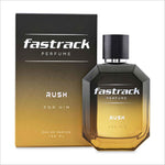 Fastrack Perfume Rush showcasing a stylish bottle and packaging, promoting the woody musk perfume for men. This 100 ml EDP delivers a long-lasting smell crafted by European experts, making it the best gift for men.