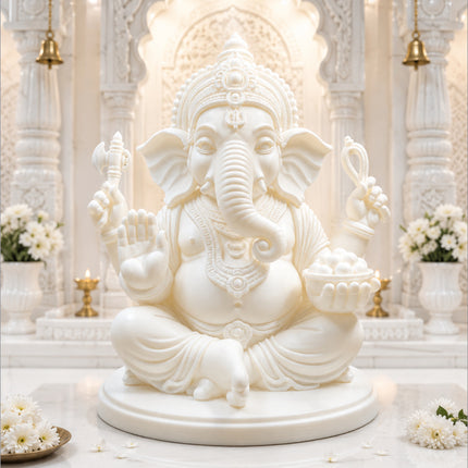 Lord Ganesh 3D printed white marble Ganpati murti premium luxury finish - Rubnic Craft