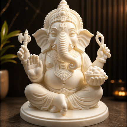 Ganpati Bappa 3D printed white marble idol Vighnaharta Ganesh Ji in temple - Rubnic Craft
