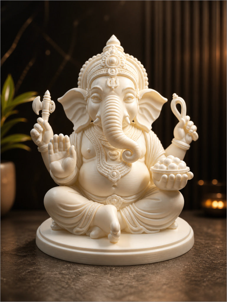 Ganpati Bappa 3D printed white marble idol Vighnaharta Ganesh Ji in temple - Rubnic Craft