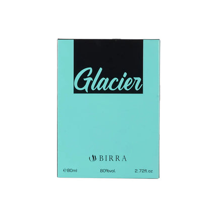 Front view of the Glacier Eau De Parfum packaging, 80ml by BIRRA, featuring a turquoise color scheme with prominent Glacier branding.