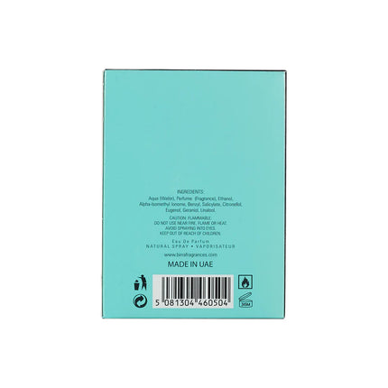 Back view of the Glacier Eau De Parfum box, listing ingredients and details, presented in a turquoise design with safety warnings and packaging information.