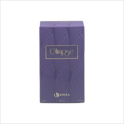Elegant packaging of Glimpse EDP by BIRRA, designed in a rich purple with gold accents.