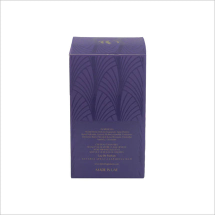 Back view of Glimpse EDP packaging by BIRRA, detailing the ingredients and information in a vibrant purple design.