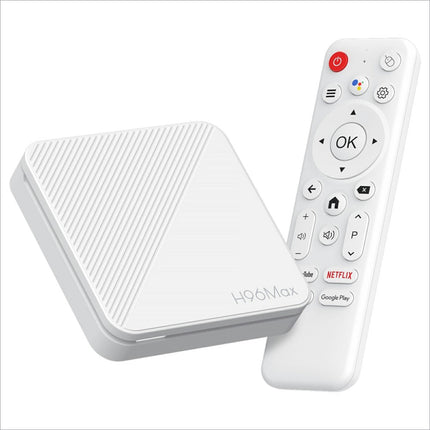 White h96max h313 android tv box with textured design and remote featuring netflix youtube and google play buttons