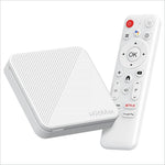 White h96max h313 android tv box with textured diagonal pattern and remote featuring netflix youtube and google play buttons