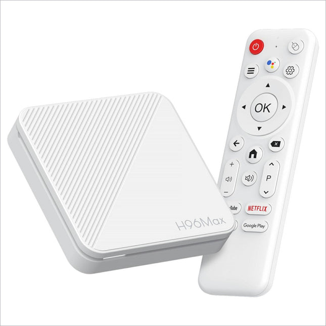 White h96max h313 android tv box with textured diagonal pattern and remote featuring netflix youtube and google play buttons