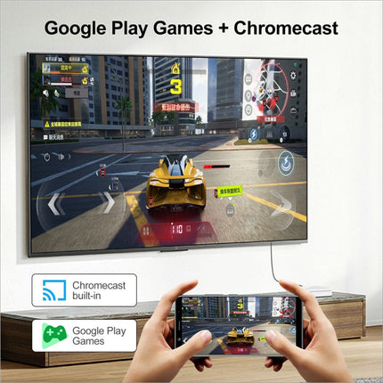 A sleek flat-screen tv showing a vibrant racing game with a yellow car using h96max h313 android tv box