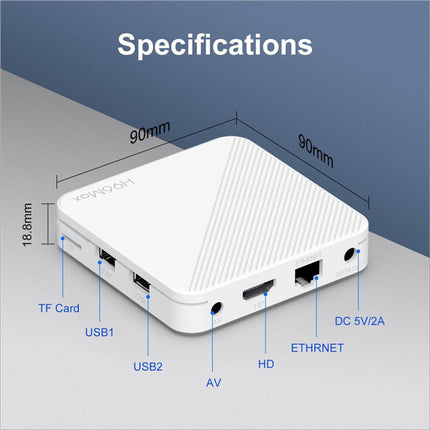 White rectangular h96max h313 android tv box with textured surface and multiple ports for 4k ultra hd streaming