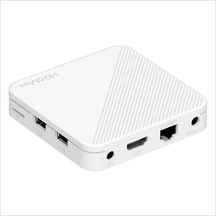 White h96max h313 android tv box with textured top and multiple ports for 4k ultra hd streaming and wifi 6 connectivity