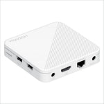 White h96max h313 android tv box with textured top and multiple ports for 4k ultra hd streaming and wifi 6 connectivity
