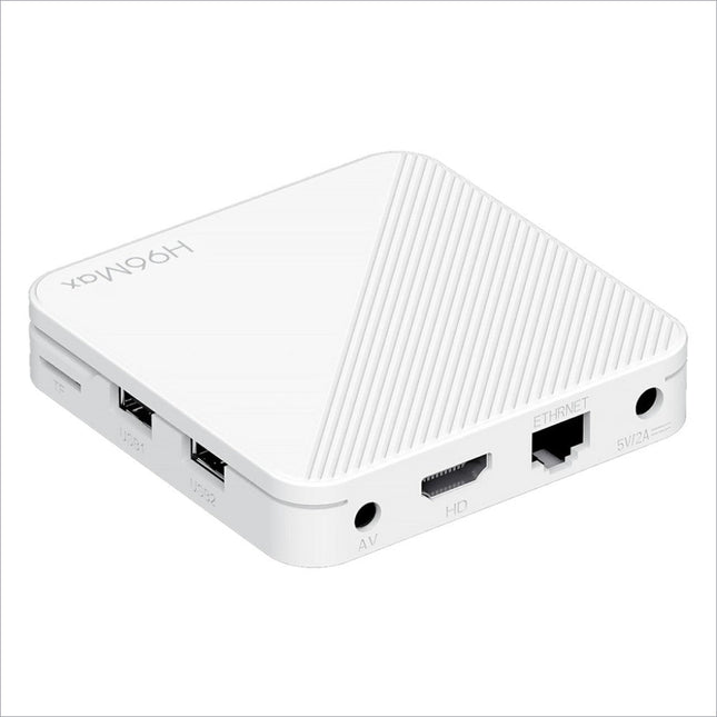 White h96max h313 android tv box with textured top and multiple ports for 4k ultra hd streaming and wifi 6 connectivity