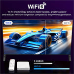 A sleek white h96max h313 android tv box with wifi 6 features beside its matching remote control for 4k streaming