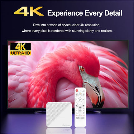 White rectangular h96max h313 android tv box with diagonal texture and hoomax branding for 4k ultra hd streaming