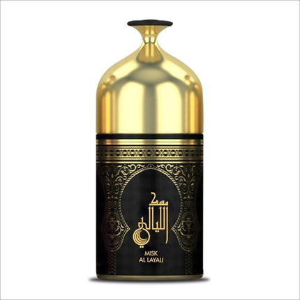 a black and gold canister with arabic writing