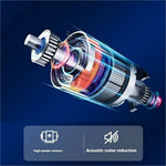 A sleek metallic handheld mini car vacuum cleaner with transparent casing showing glowing internal components and gears