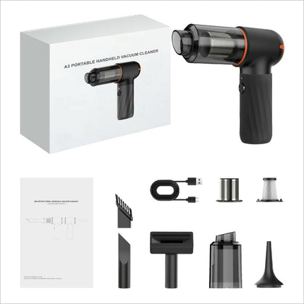 Black and orange a3 portable handheld mini car vacuum cleaner with rechargeable wireless powerful suction design