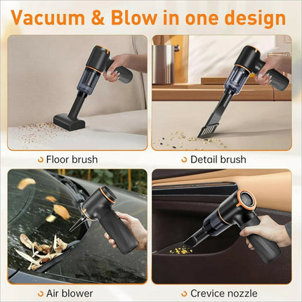 Black and orange handheld mini car vacuum cleaner with interchangeable nozzles for powerful wireless suction cleaning