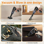 Black and orange handheld mini car vacuum cleaner with interchangeable nozzles for powerful wireless suction cleaning