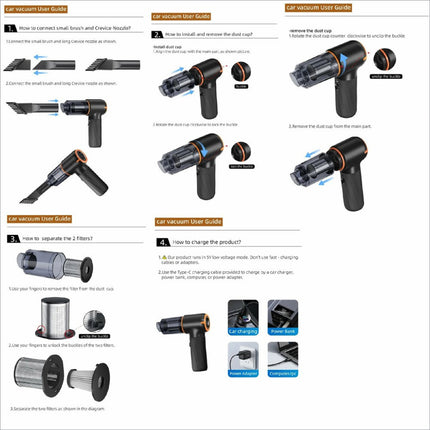 Black and orange handheld mini car vacuum cleaner with detachable dust cup and filters for powerful wireless suction